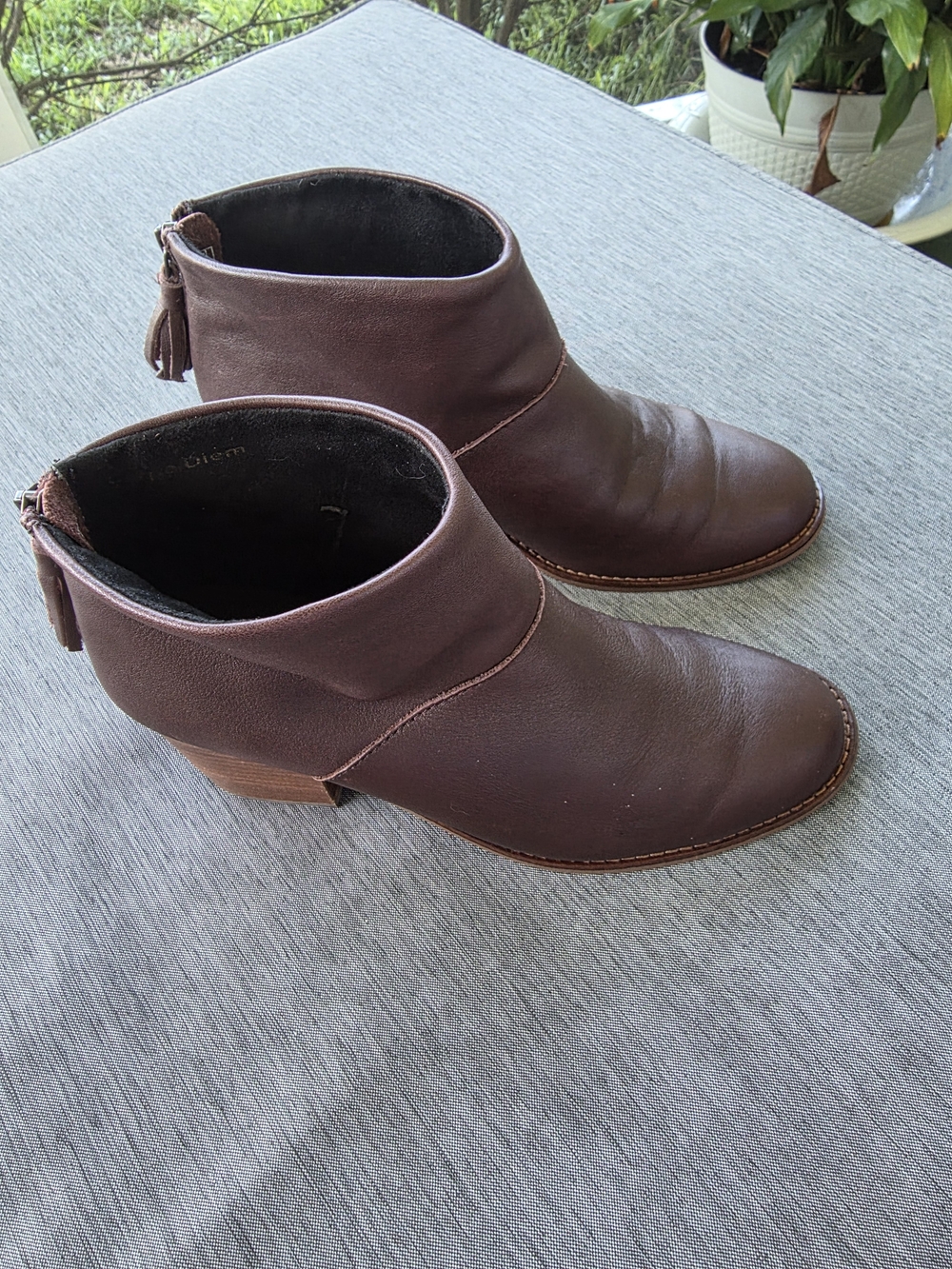 Toms Brown Leather Ankle Booties with Tassel Back Zip